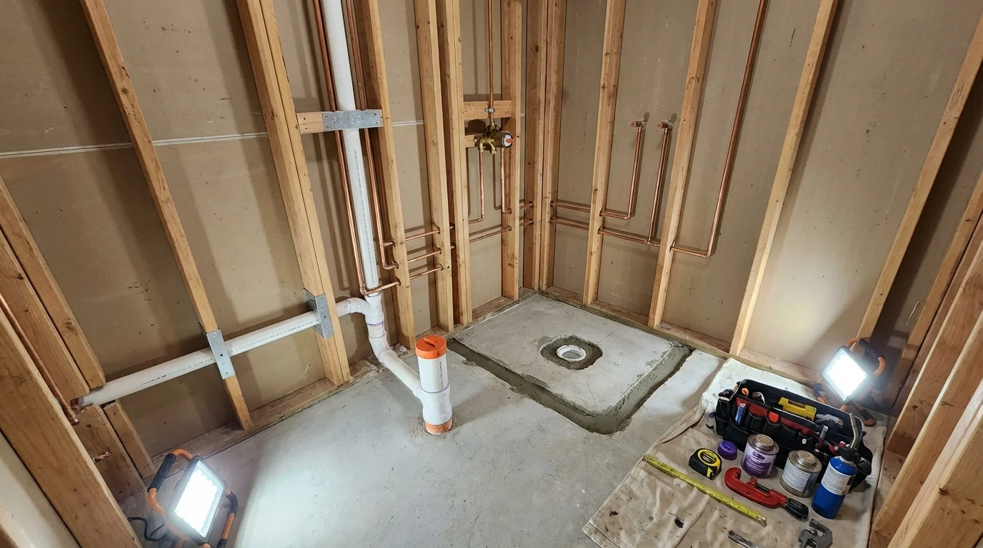 Bathroom rough-in plumbing during remodel by Johns Plumbing LLC in Destrehan