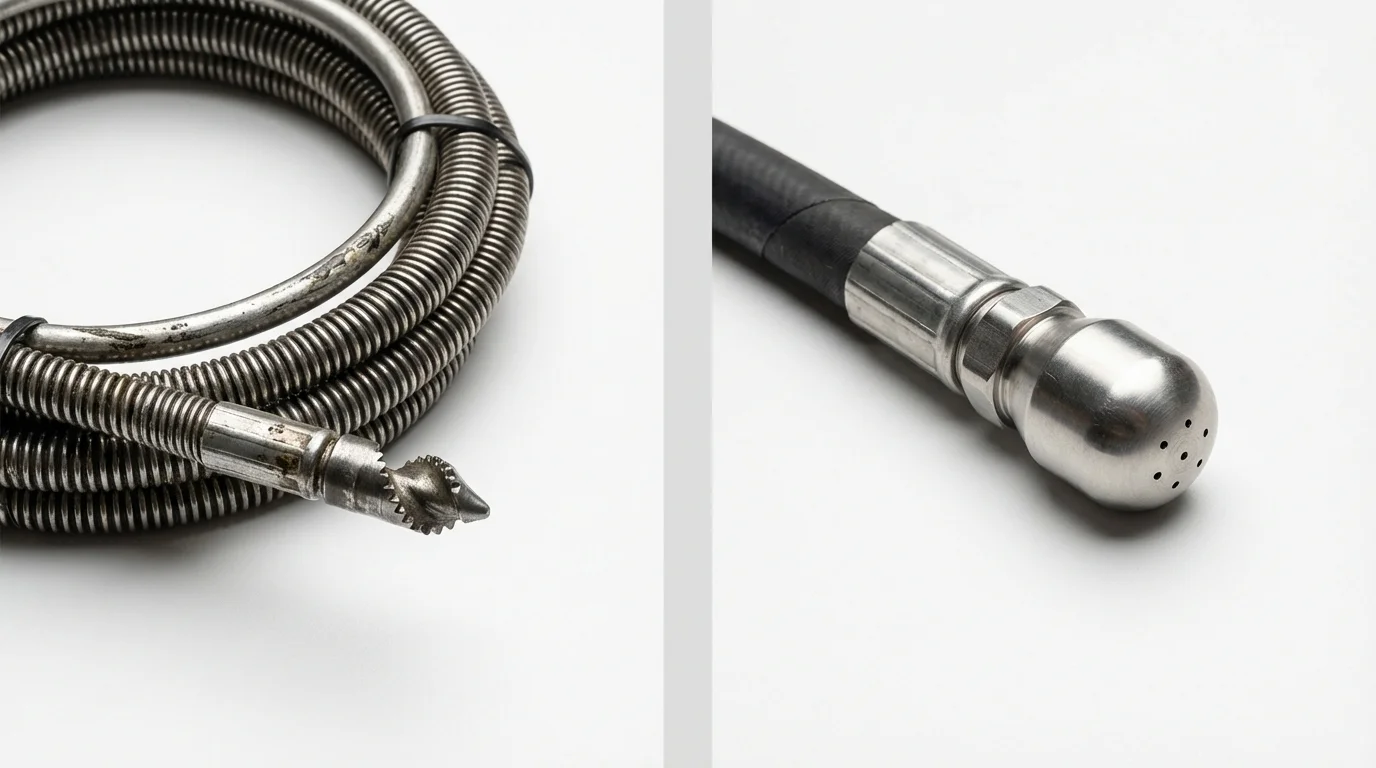 Drain snake cable and hydro jetting nozzle used for drain cleaning in Destrehan, LA