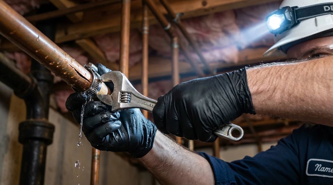 Emergency pipe clamp repair being performed by a Johns Plumbing LLC plumber in Destrehan
