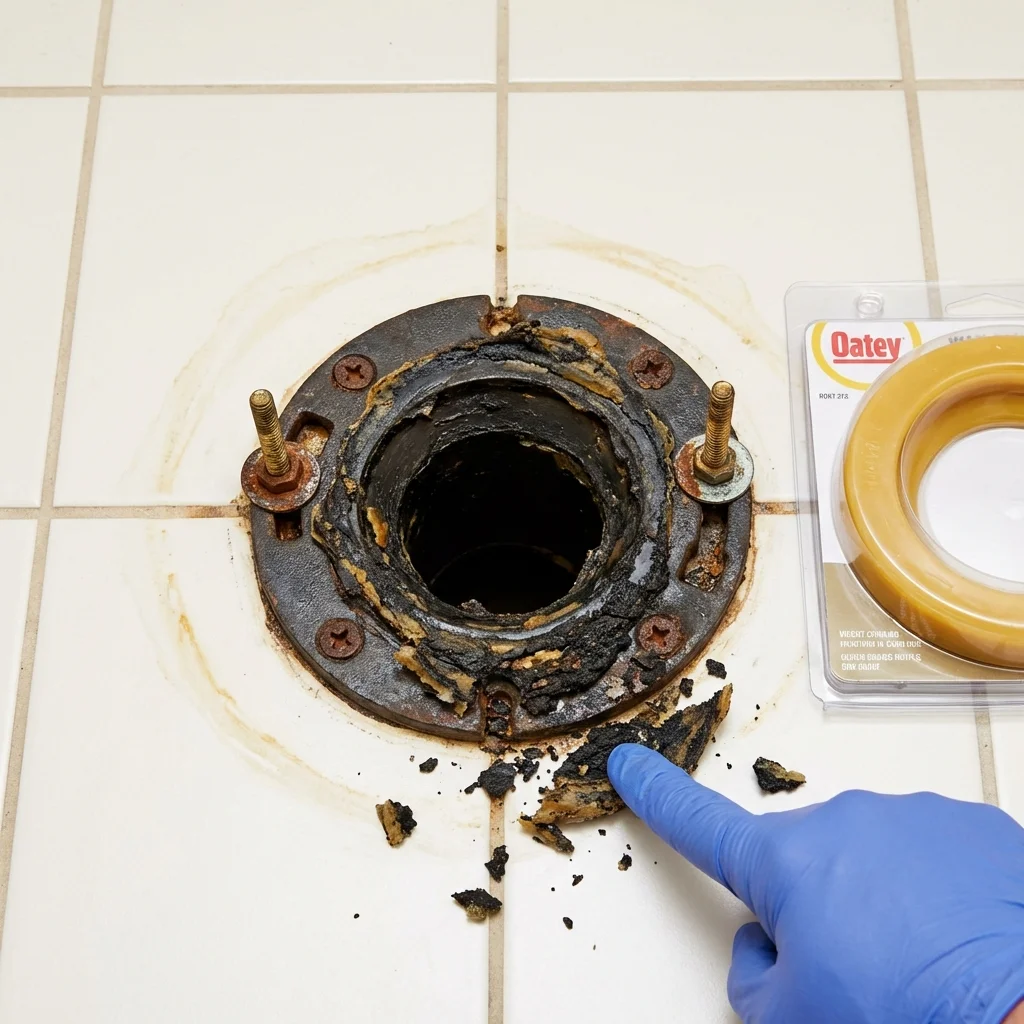 Failed wax ring showing water seepage at the base of a toilet in a Destrehan, LA home