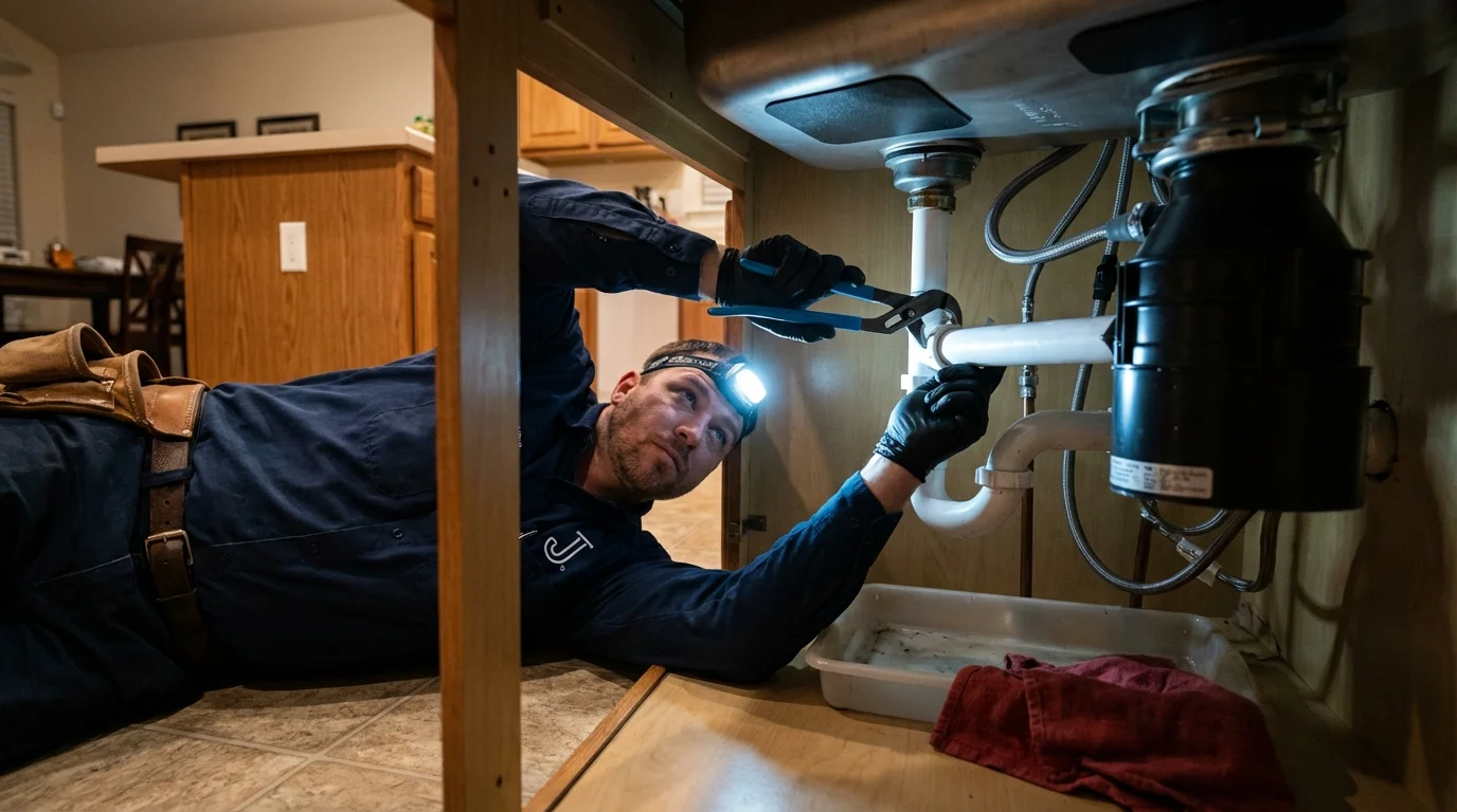 P-trap and supply line connections under a kitchen sink showing a common leak point in Destrehan, LA